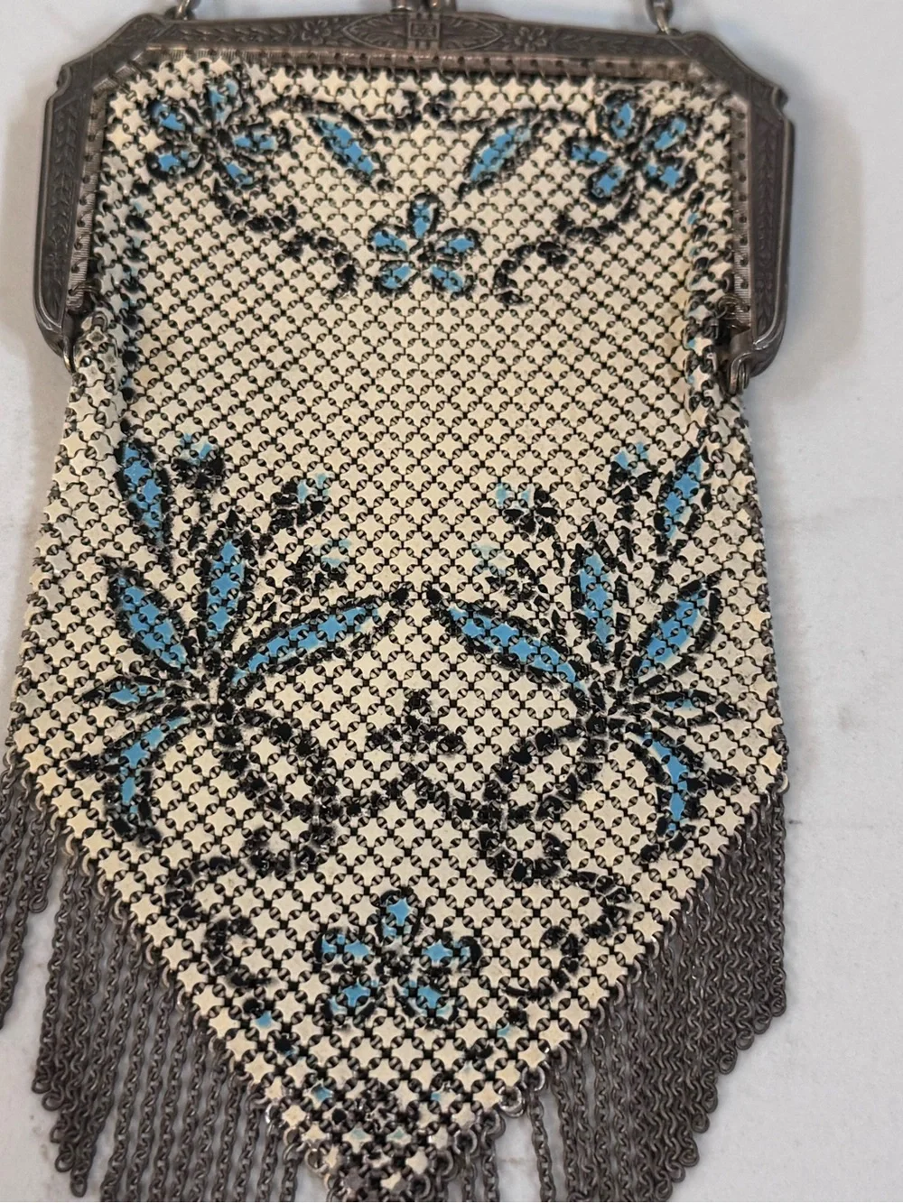 Antique Mandalian Mesh Enamel Flapper Purse Floral w/ Fringe